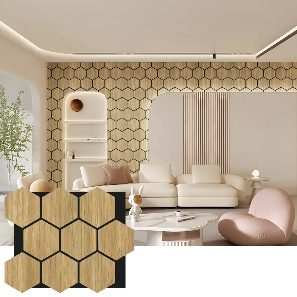 Painéis de parede acústicos de madeira hexagonal para design de interiores Painéis de parede acústicos de madeira hexagonal para design de interiores