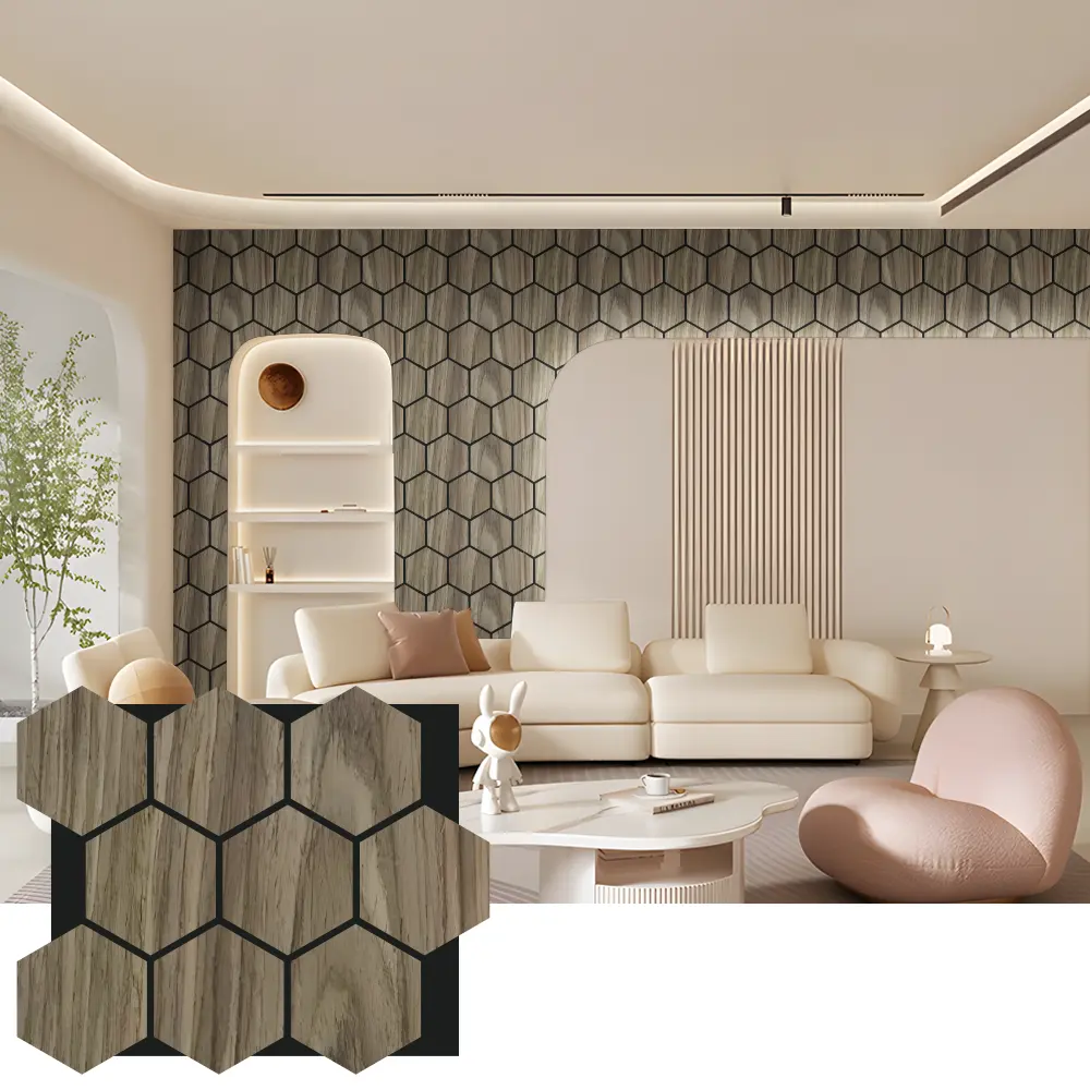 Painéis de parede acústicos de madeira hexagonal para design de interiores