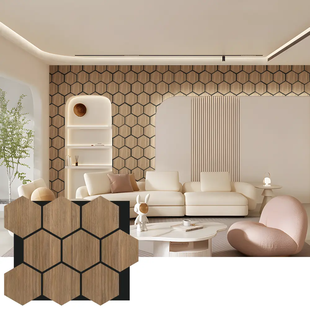 Painéis de parede acústicos de madeira hexagonal para design de interiores