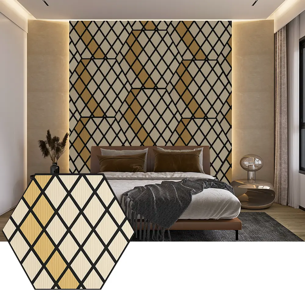 Painéis acústicos PET hexagonais para design de parede moderno Painéis acústicos PET hexagonais para design de parede moderno